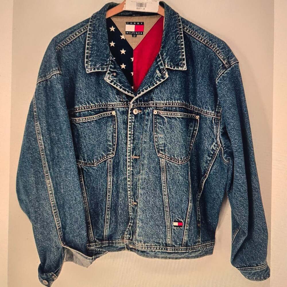 Tommy Hilfiger Vintage Denim Jacket Size XXL Big Flag Stars Lining